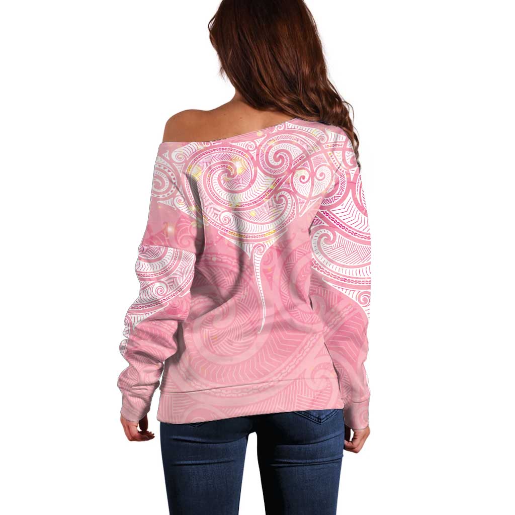 Breast Cancer Awareness Maori Aotearoa Off Shoulder Sweater Manta Ray - Pink Glaze - Polynesian Pride