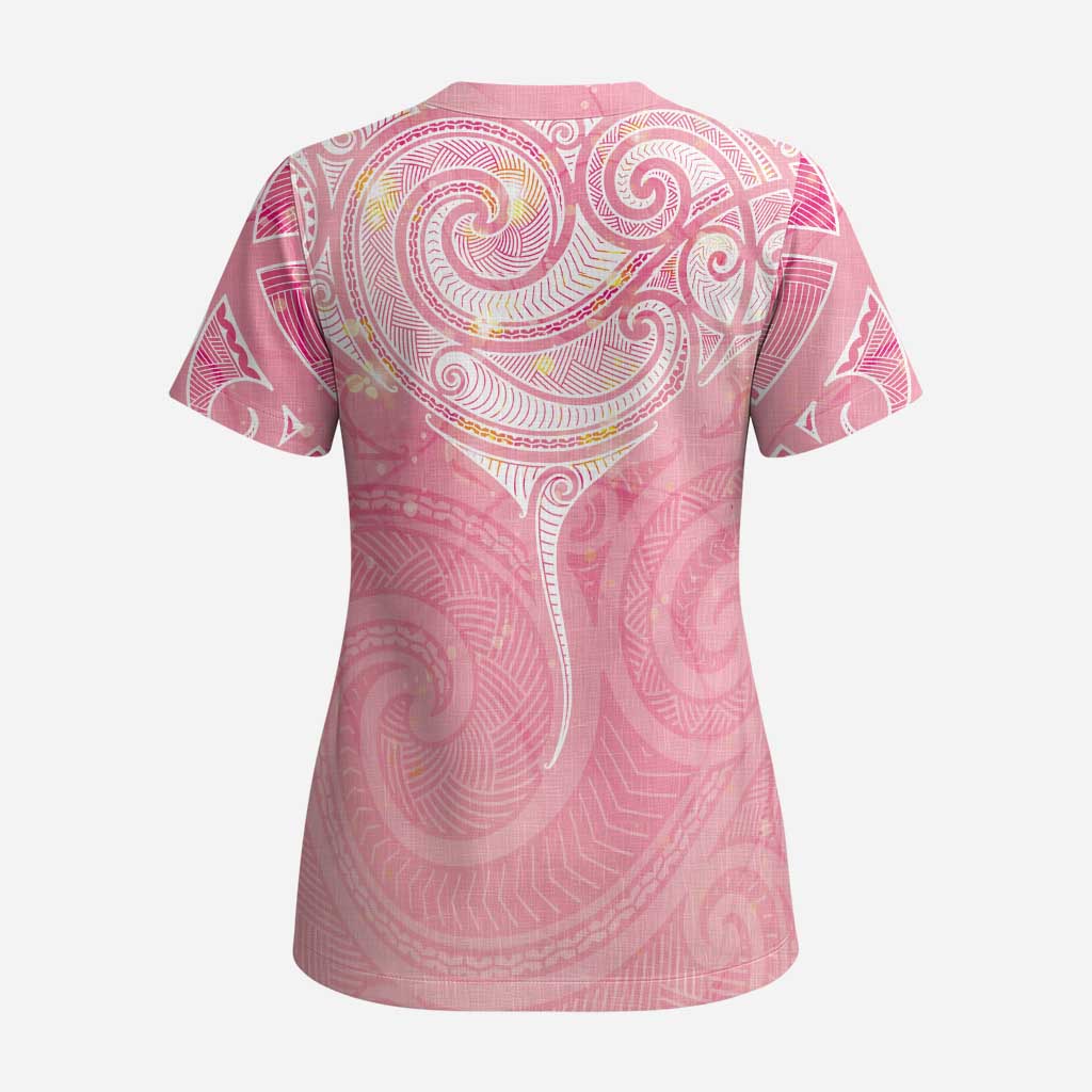 Breast Cancer Awareness Maori Aotearoa Scrub Top Manta Ray - Pink Glaze - Polynesian Pride