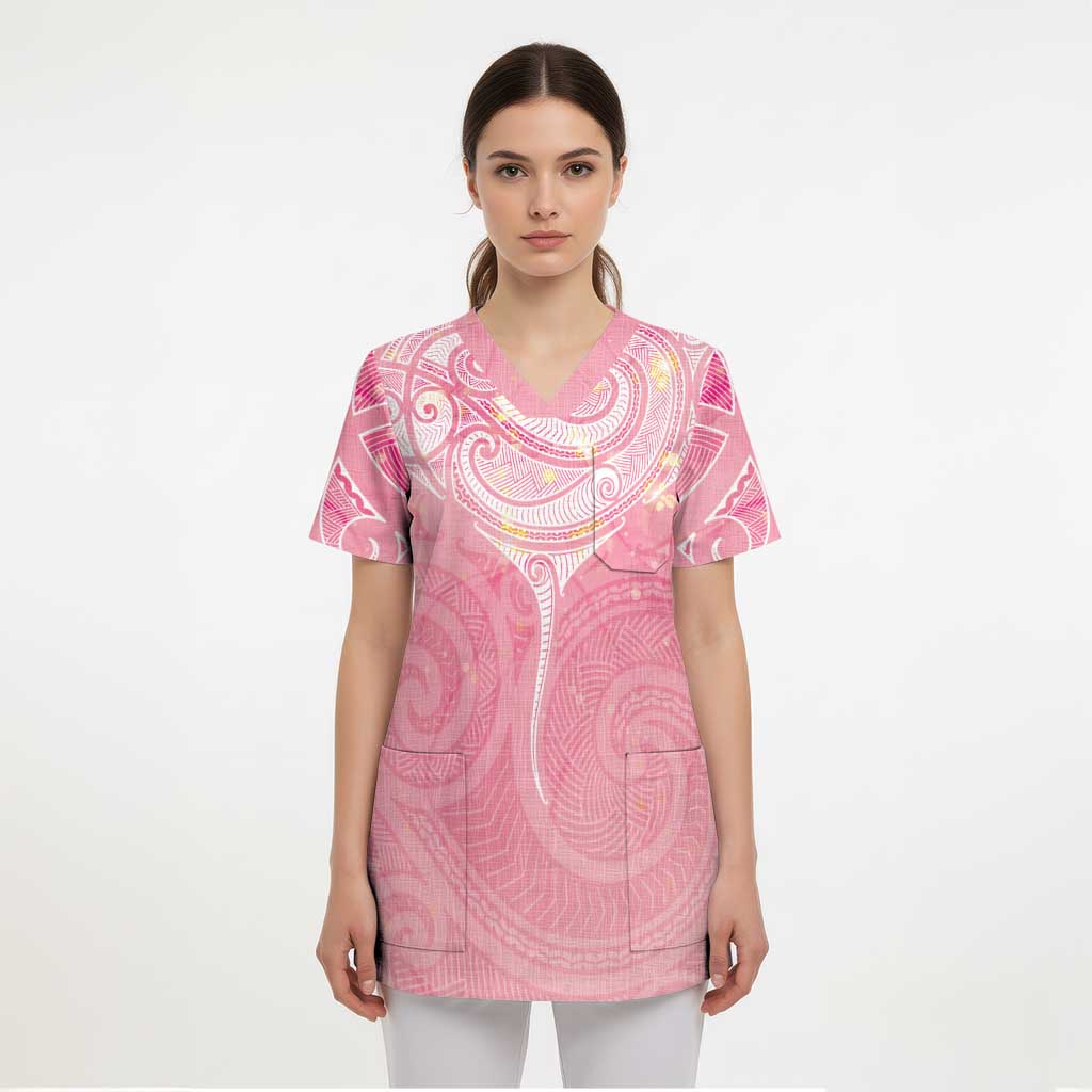 Breast Cancer Awareness Maori Aotearoa Scrub Top Manta Ray - Pink Glaze - Polynesian Pride