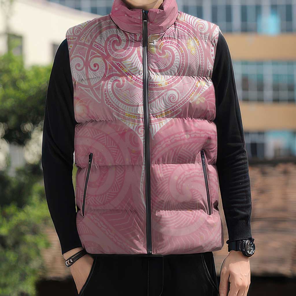 Breast Cancer Awareness Maori Aotearoa Sleeveless Puffer Jacket Manta Ray - Pink Glaze - Polynesian Pride