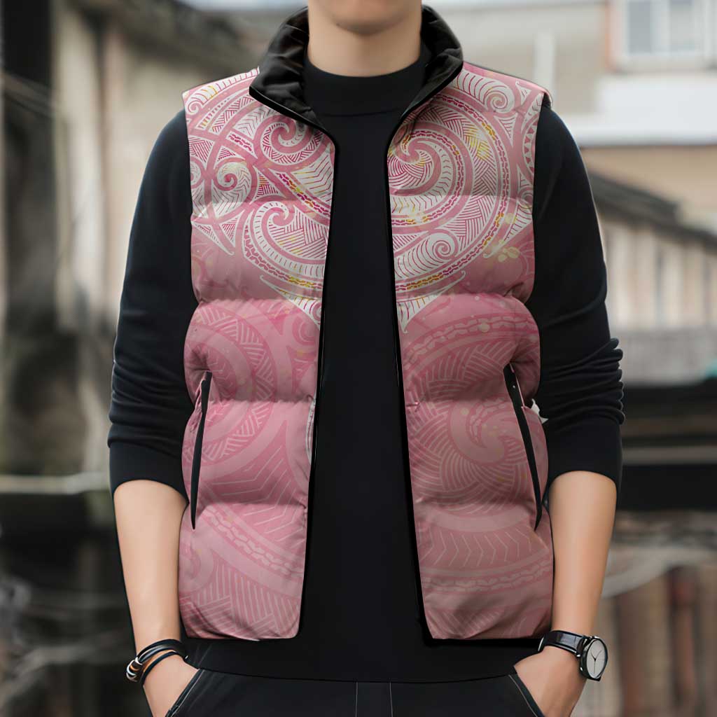 Breast Cancer Awareness Maori Aotearoa Sleeveless Puffer Jacket Manta Ray - Pink Glaze - Polynesian Pride