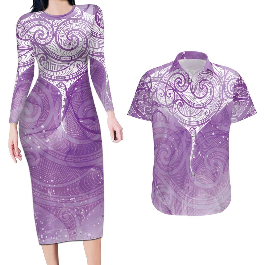 Epilepsy Awareness Maori Aotearoa Couples Matching Long Sleeve Bodycon Dress and Hawaiian Shirt Manta Ray - Purple Glaze - Polynesian Pride