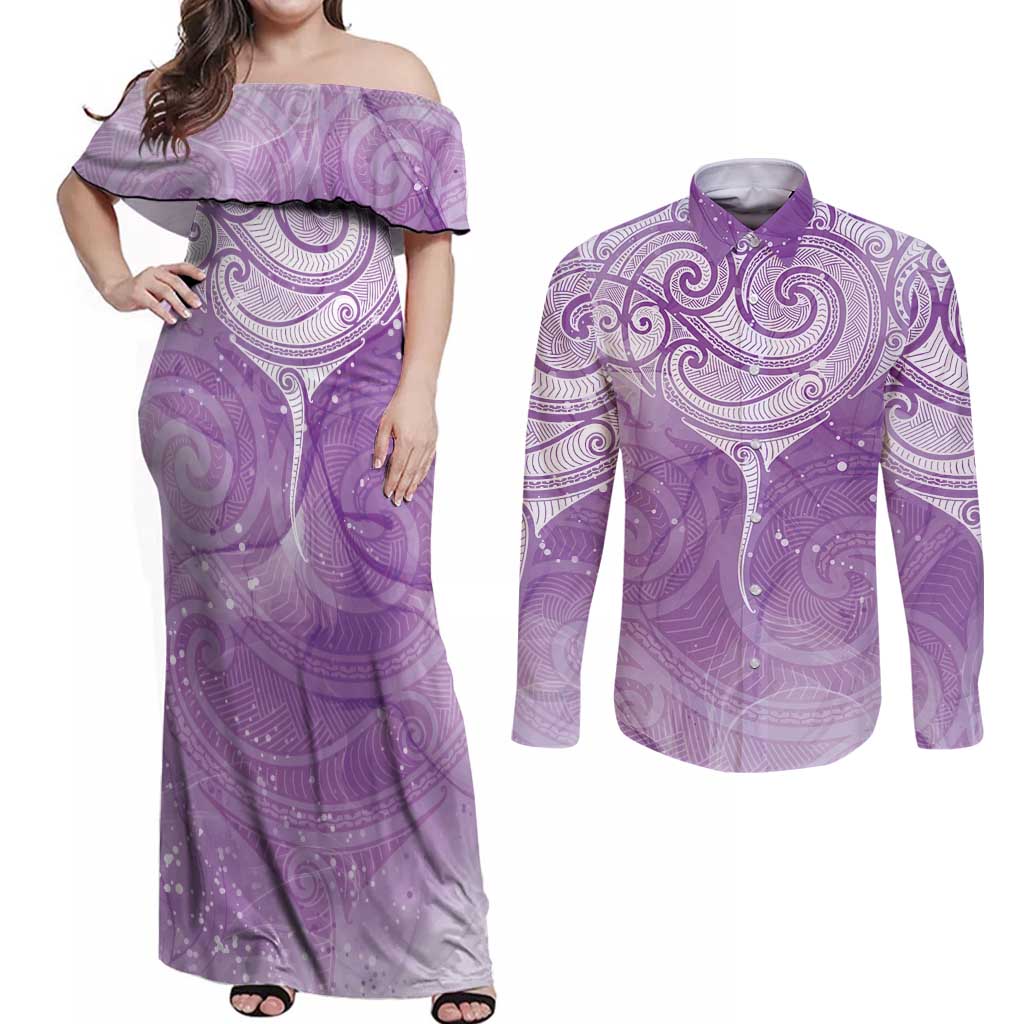 Epilepsy Awareness Maori Aotearoa Couples Matching Off Shoulder Maxi Dress and Long Sleeve Button Shirt Manta Ray - Purple Glaze - Polynesian Pride