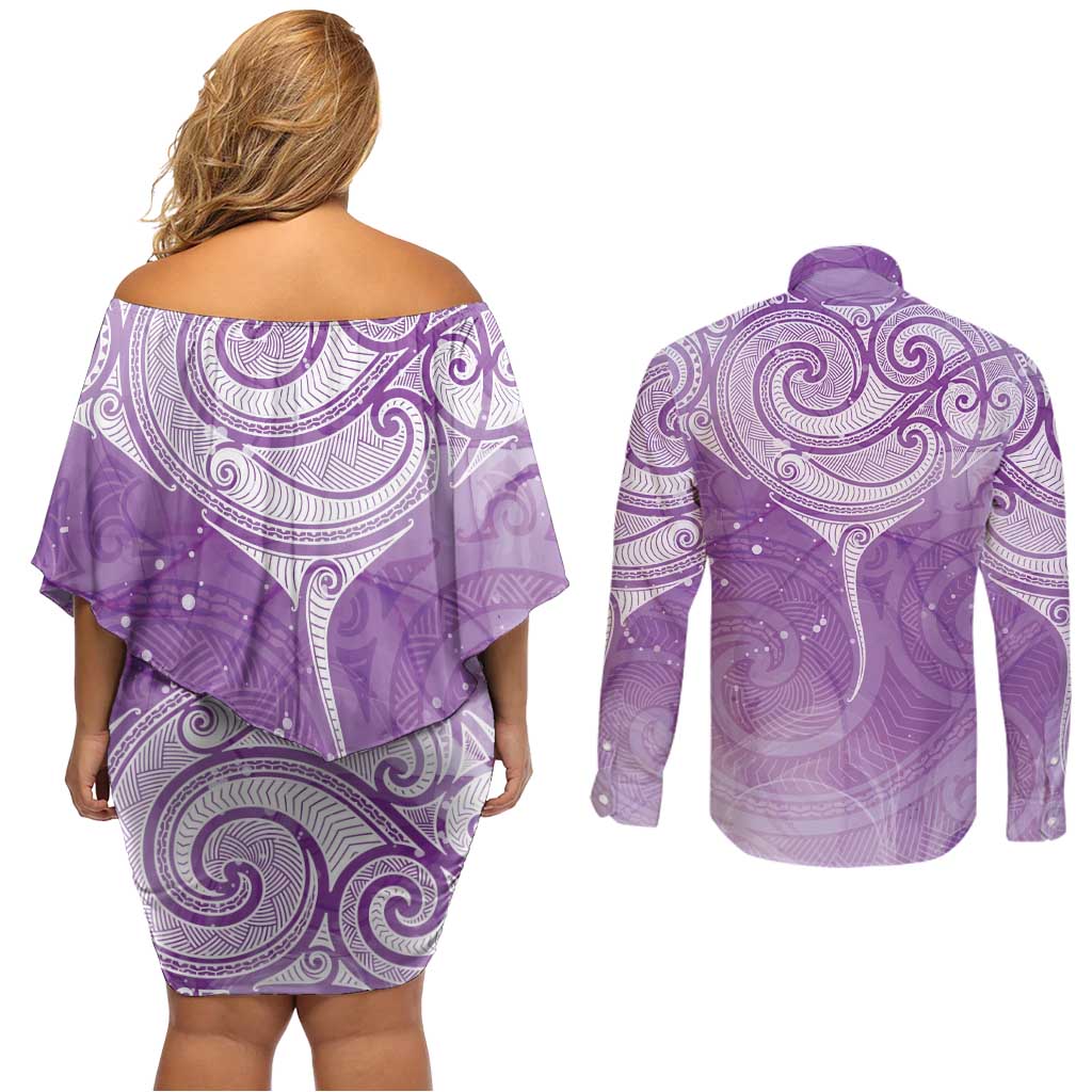 Epilepsy Awareness Maori Aotearoa Couples Matching Off Shoulder Short Dress and Long Sleeve Button Shirt Manta Ray - Purple Glaze - Polynesian Pride