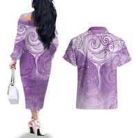 Epilepsy Awareness Maori Aotearoa Couples Matching Off The Shoulder Long Sleeve Dress and Hawaiian Shirt Manta Ray - Purple Glaze - Polynesian Pride