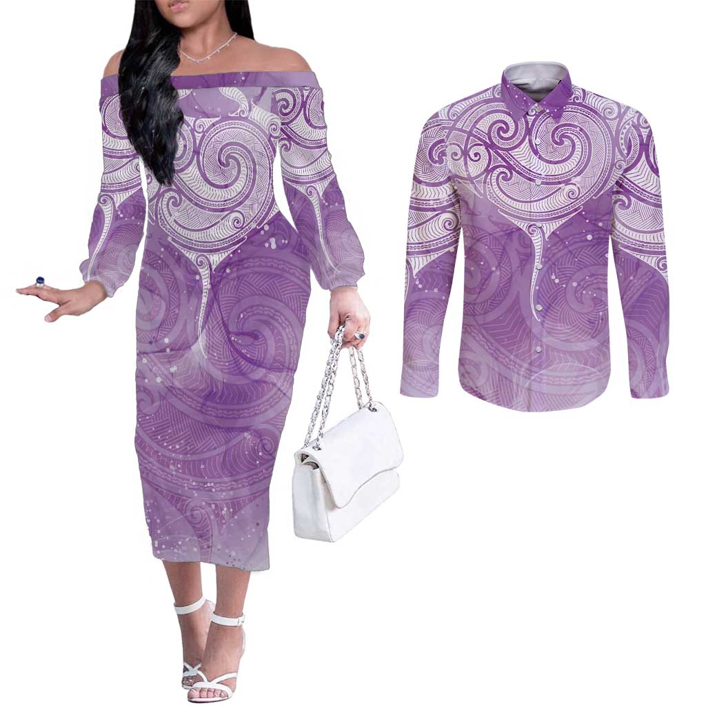 Epilepsy Awareness Maori Aotearoa Couples Matching Off The Shoulder Long Sleeve Dress and Long Sleeve Button Shirt Manta Ray - Purple Glaze - Polynesian Pride
