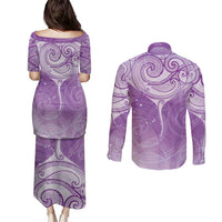 Epilepsy Awareness Maori Aotearoa Couples Matching Puletasi and Long Sleeve Button Shirt Manta Ray - Purple Glaze - Polynesian Pride