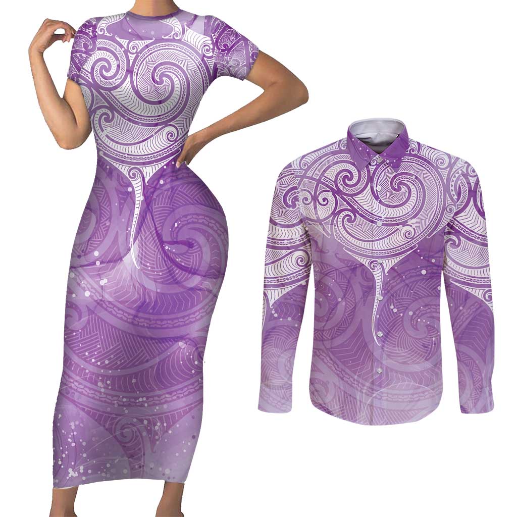 Epilepsy Awareness Maori Aotearoa Couples Matching Short Sleeve Bodycon Dress and Long Sleeve Button Shirt Manta Ray - Purple Glaze - Polynesian Pride