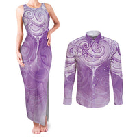 Epilepsy Awareness Maori Aotearoa Couples Matching Tank Maxi Dress and Long Sleeve Button Shirt Manta Ray - Purple Glaze - Polynesian Pride