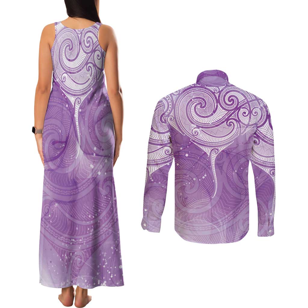 Epilepsy Awareness Maori Aotearoa Couples Matching Tank Maxi Dress and Long Sleeve Button Shirt Manta Ray - Purple Glaze - Polynesian Pride
