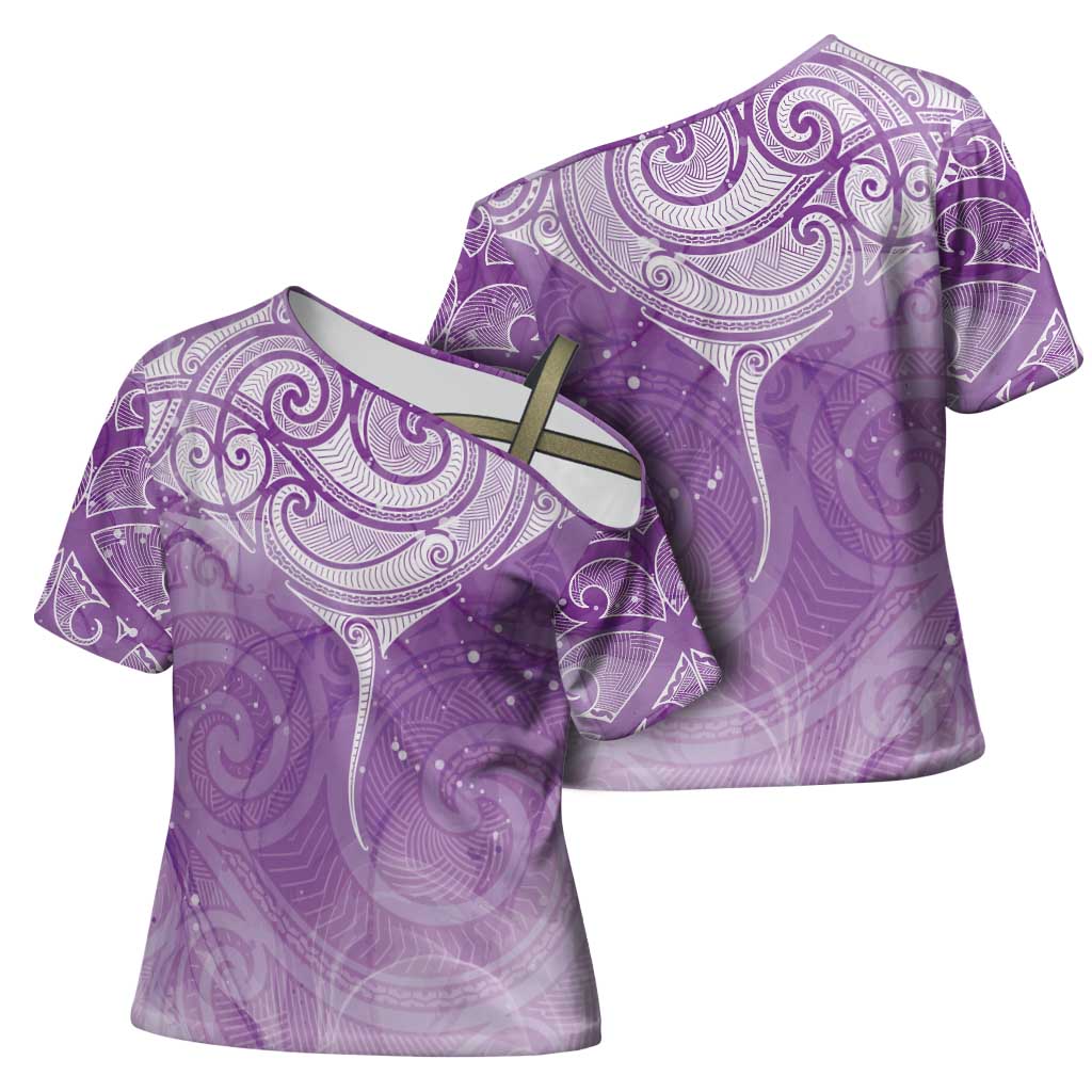 Epilepsy Awareness Maori Aotearoa Cross Shoulder Shirt Manta Ray - Purple Glaze - Polynesian Pride