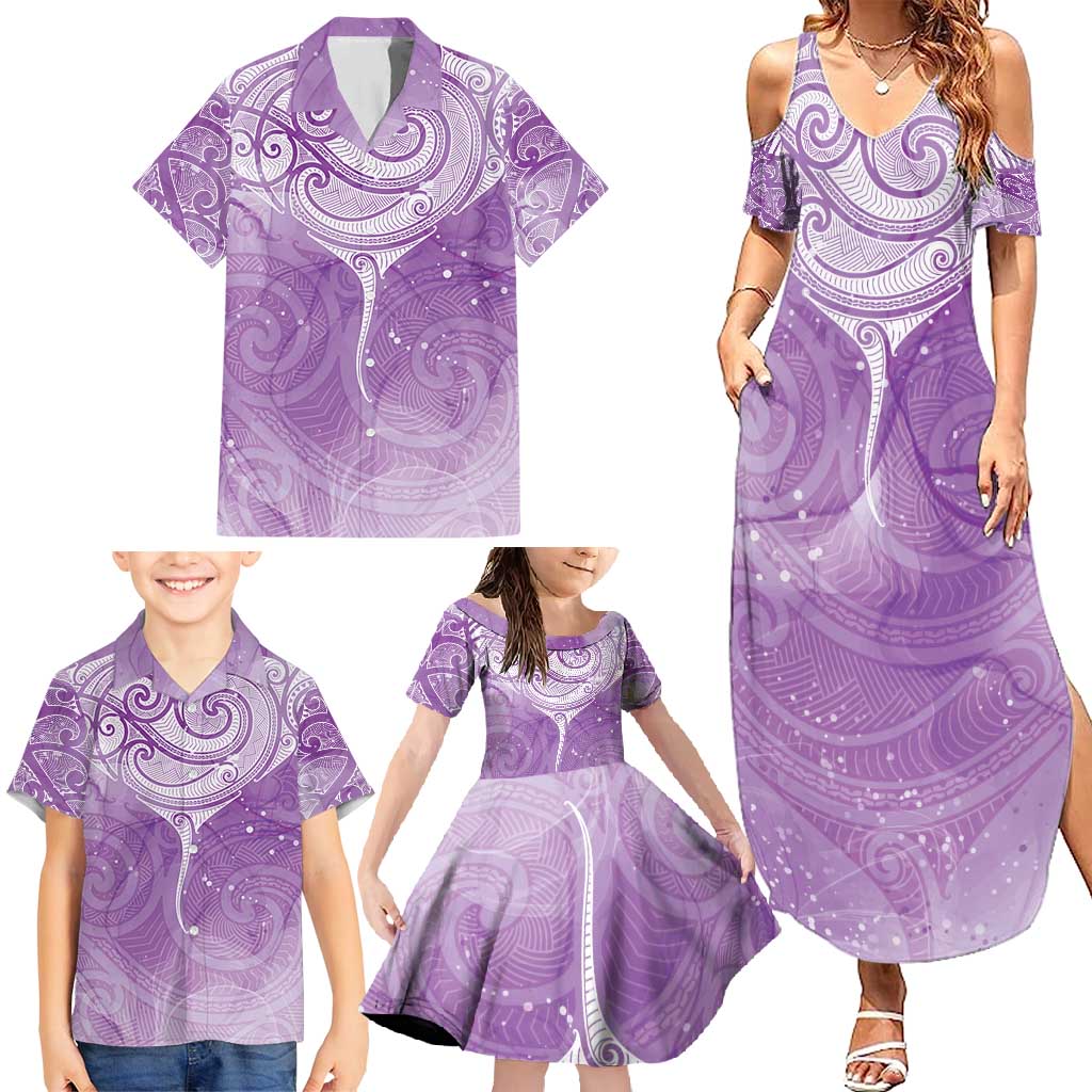 Epilepsy Awareness Maori Aotearoa Family Matching Summer Maxi Dress and Hawaiian Shirt Manta Ray - Purple Glaze - Polynesian Pride