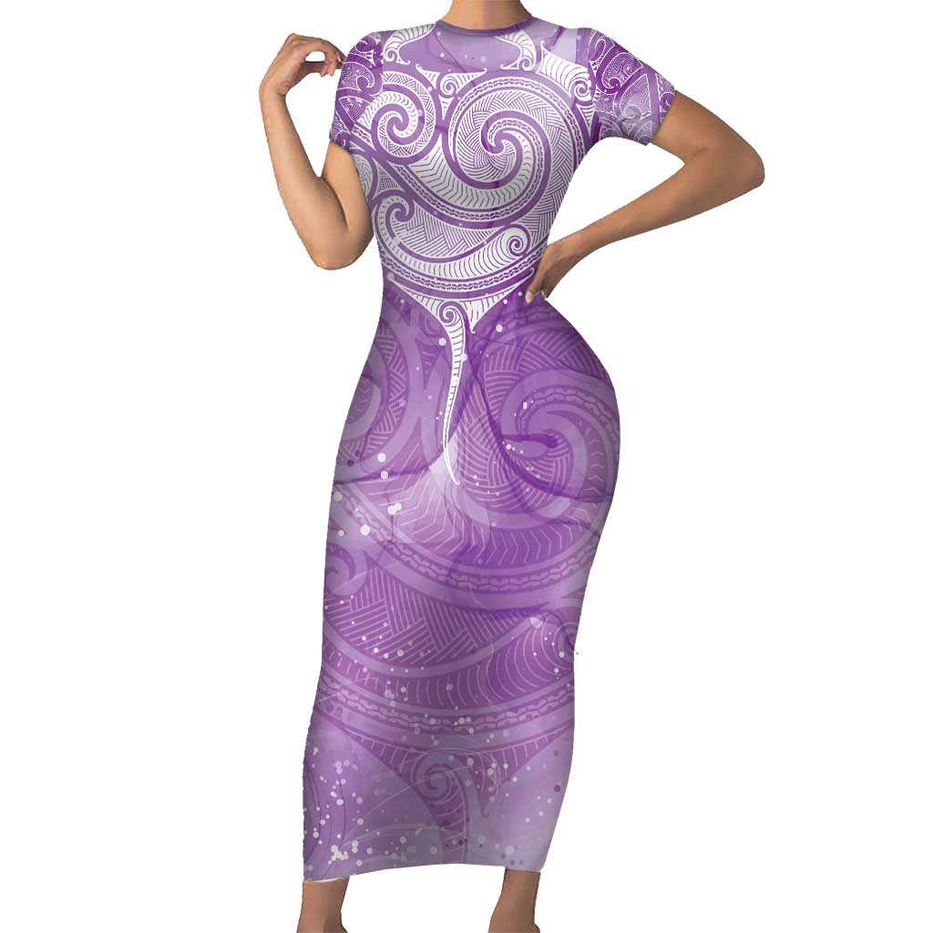 Epilepsy Awareness Maori Aotearoa Short Sleeve Bodycon Dress Manta Ray - Purple Glaze - Polynesian Pride