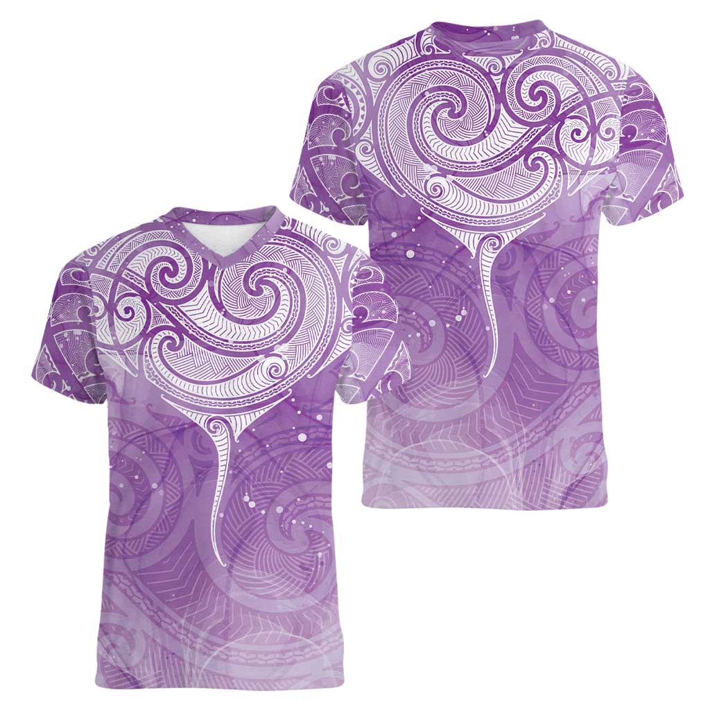 Epilepsy Awareness Maori Aotearoa Women V-Neck T-Shirt Manta Ray - Purple Glaze - Polynesian Pride