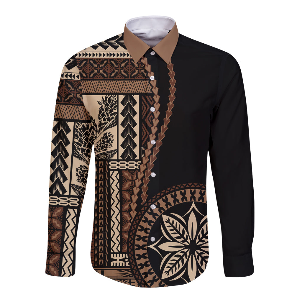 Samoa Siapo Motif Long Sleeve Button Shirt Classic Style - Black Ver02 LT7 Unisex Black - Polynesian Pride