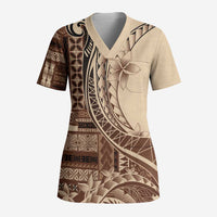 Samoa Siapo Mamanu Scrub Top Plumeria Mocha Motifs - Polynesian Pride