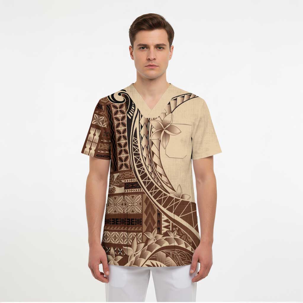 Samoa Siapo Mamanu Scrub Top Plumeria Mocha Motifs - Polynesian Pride