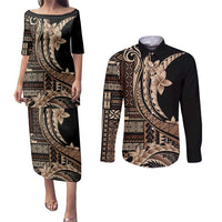 Samoa Siapo Mamanu Couples Matching Puletasi and Long Sleeve Button Shirt Plumeria Black Motifs LT7 Black - Polynesian Pride