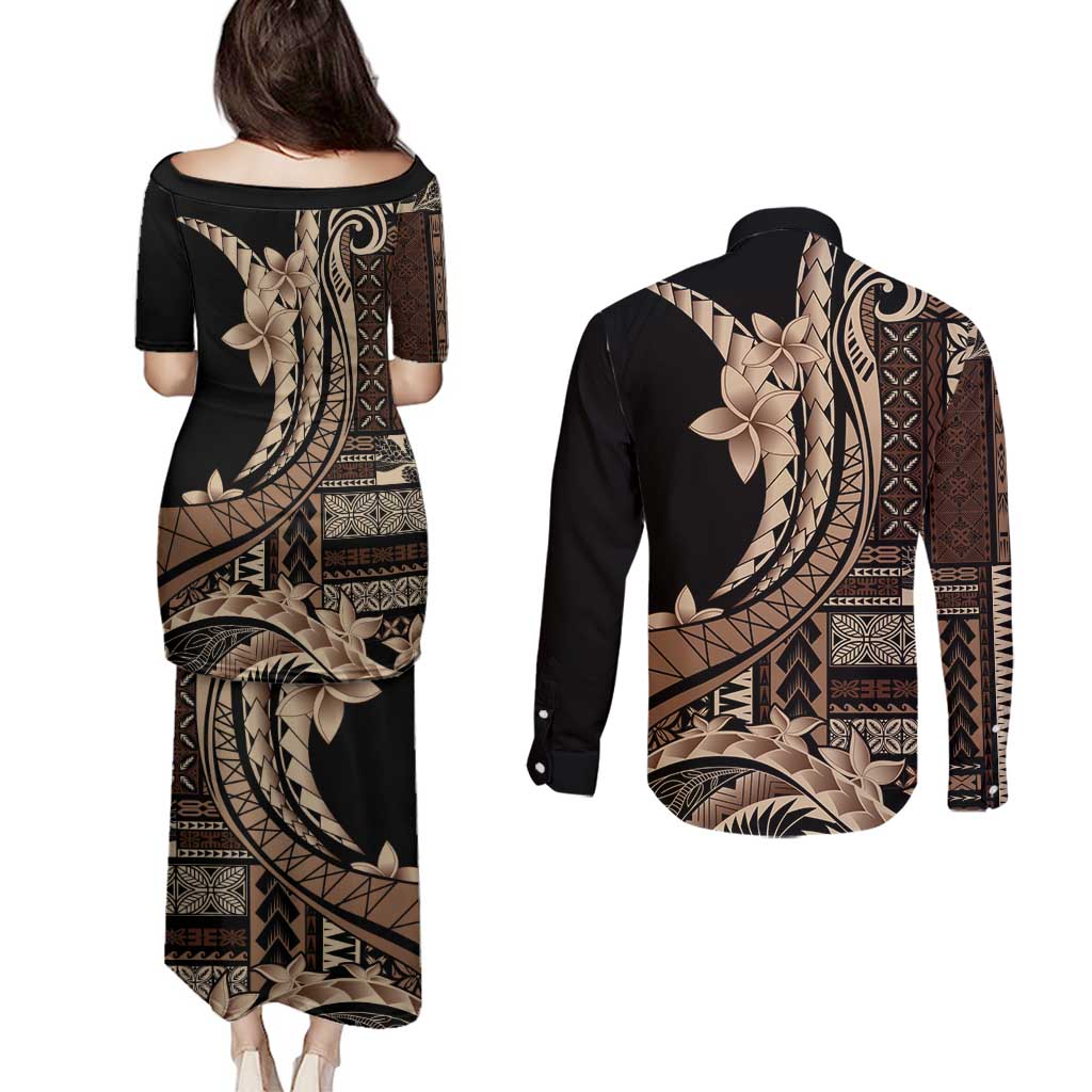 Samoa Siapo Mamanu Couples Matching Puletasi and Long Sleeve Button Shirt Plumeria Black Motifs LT7 - Polynesian Pride