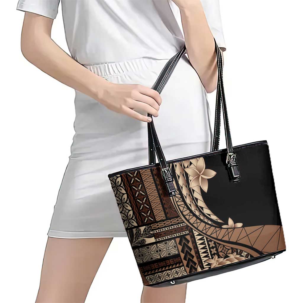 Samoa Siapo Mamanu Leather Tote Bag Plumeria Black Motifs