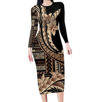 Samoa Siapo Mamanu Long Sleeve Bodycon Dress Plumeria Black Motifs LT7 Long Dress Black - Polynesian Pride