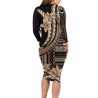 Samoa Siapo Mamanu Long Sleeve Bodycon Dress Plumeria Black Motifs LT7 - Polynesian Pride