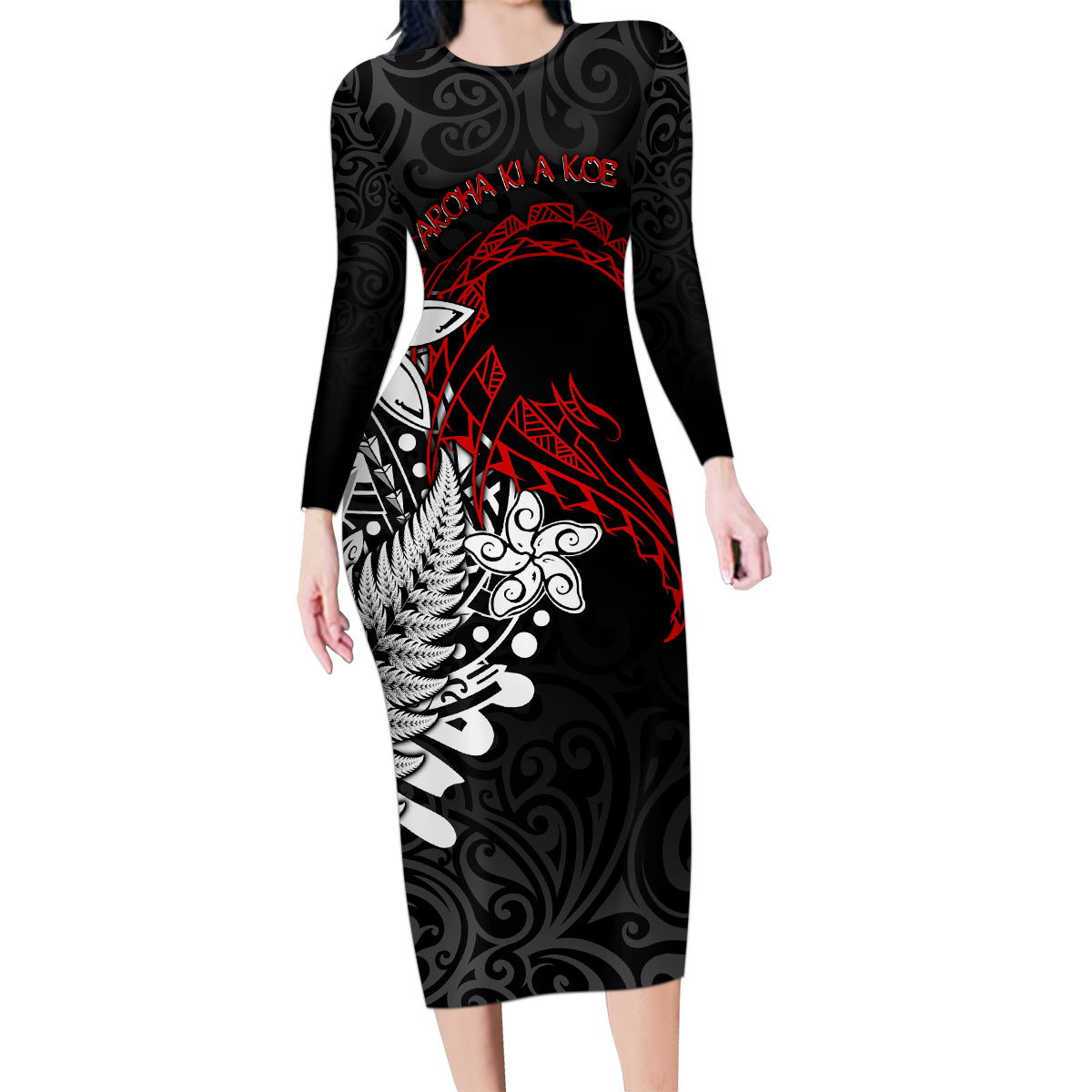 Valentine New Zealand Family Matching Long Sleeve Bodycon Dress and Hawaiian Shirt Aotearoa Couple Maori Aroha Ki a Koe LT7 Mom's Dress Black - Polynesian Pride