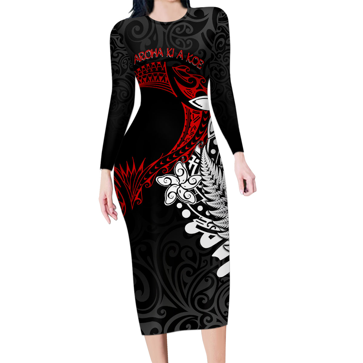 New Zealand Aotearoa Valentine Family Matching Long Sleeve Bodycon Dress and Hawaiian Shirt Couple Maori Aroha Ki a Koe Ver.02 LT7 Mom's Dress Black - Polynesian Pride