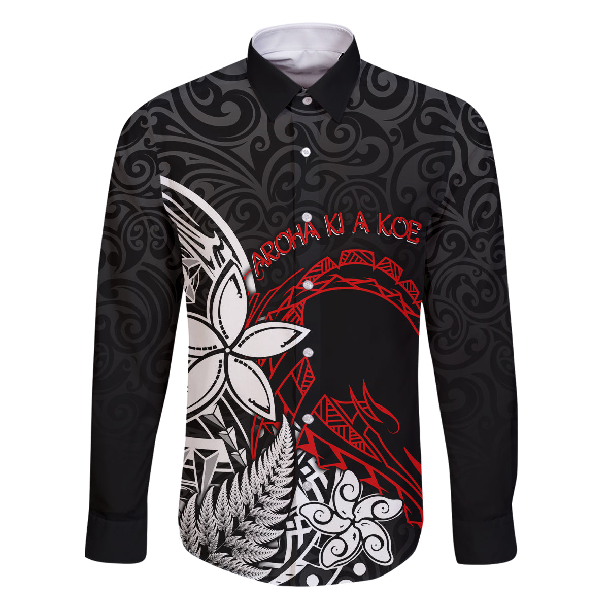 New Zealand Aotearoa Valentine Family Matching Off Shoulder Long Sleeve Dress and Hawaiian Shirt Couple Maori Aroha Ki a Koe Ver.02 LT7 Dad's Shirt - Long Sleeve Black - Polynesian Pride