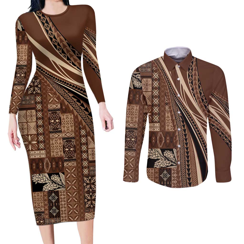 Pasifika Women's Day - Samoa Siapo Malu Tattoo Inspired Couples Matching Long Sleeve Bodycon Dress and Long Sleeve Button Shirt Brown LT7 Brown - Polynesian Pride