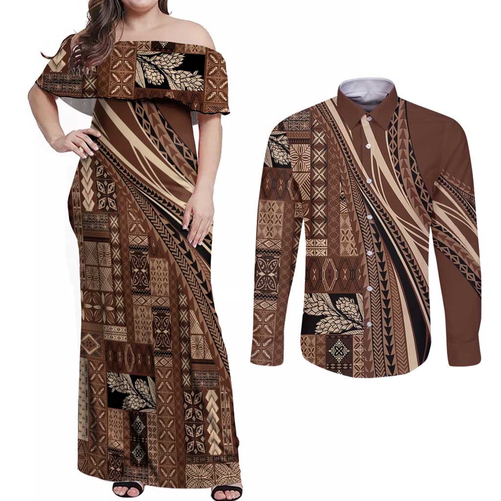 Pasifika Women's Day - Samoa Siapo Malu Tattoo Inspired Couples Matching Off Shoulder Maxi Dress and Long Sleeve Button Shirt Brown LT7 Brown - Polynesian Pride