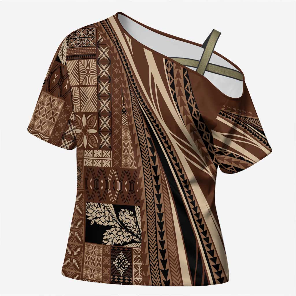 Pasifika Women's Day - Samoa Siapo Malu Tattoo Inspired Cross Shoulder Shirt Brown