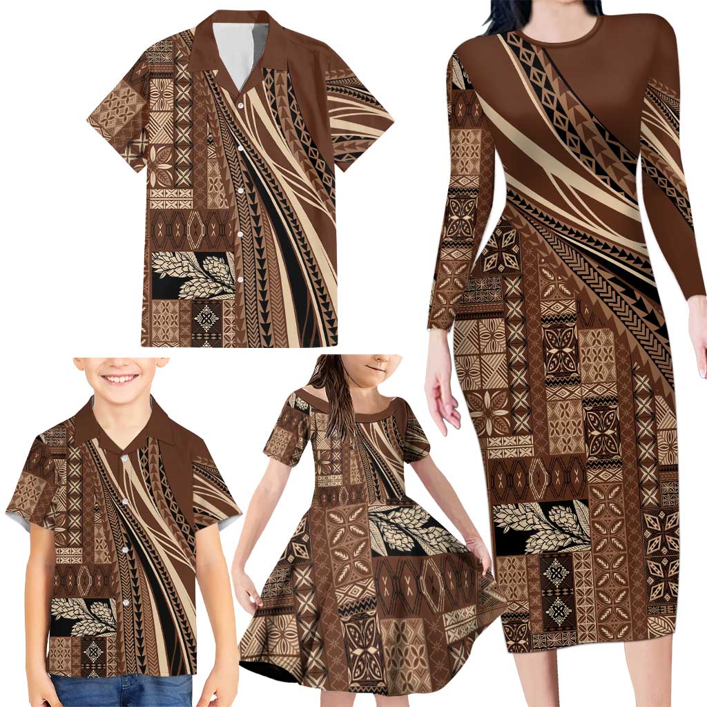 Pasifika Women's Day - Samoa Siapo Malu Tattoo Inspired Family Matching Long Sleeve Bodycon Dress and Hawaiian Shirt Brown LT7 - Polynesian Pride