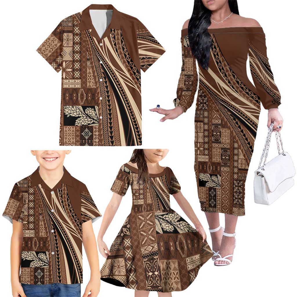Pasifika Women's Day - Samoa Siapo Malu Tattoo Inspired Family Matching Off The Shoulder Long Sleeve Dress and Hawaiian Shirt Brown