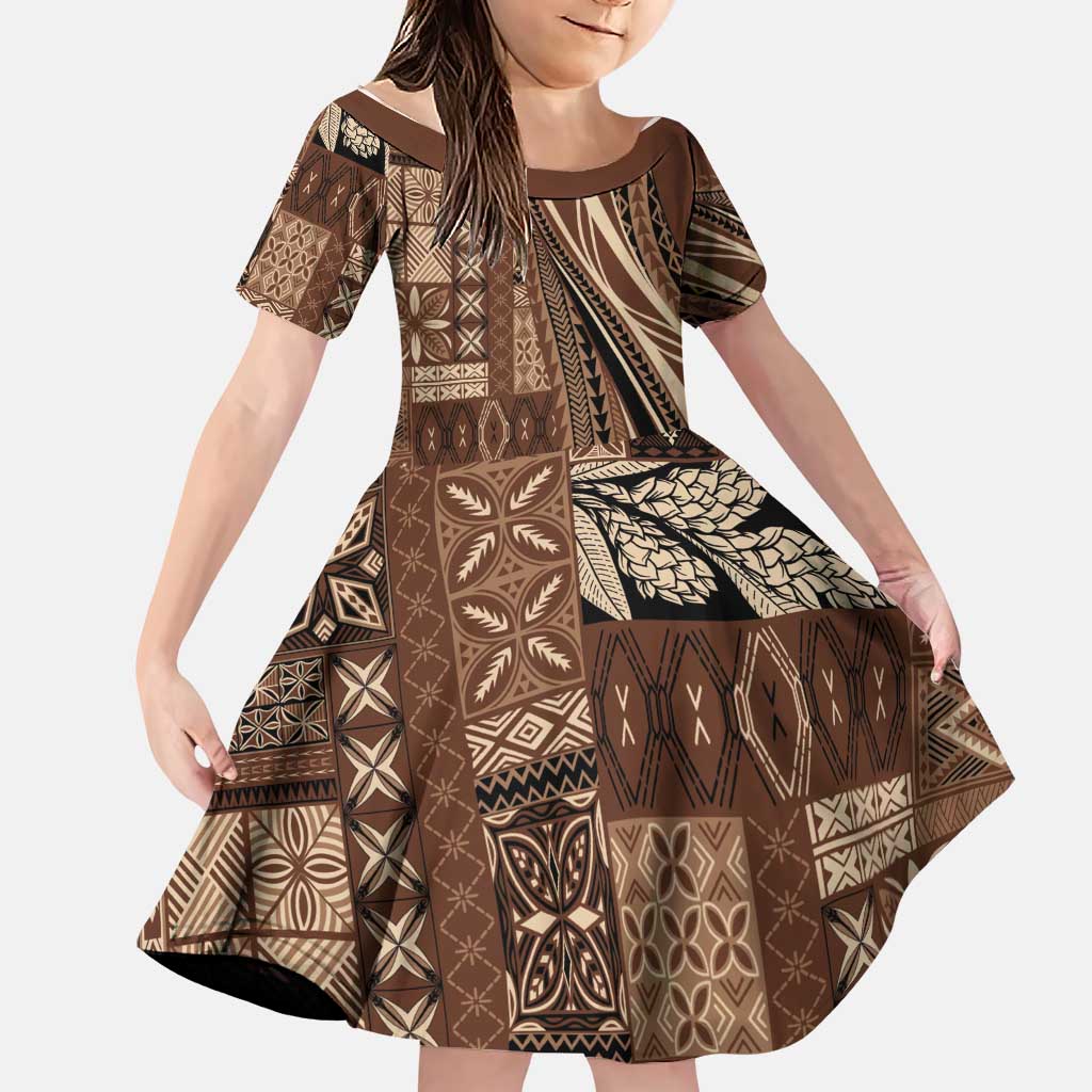 Pasifika Women's Day - Samoa Siapo Malu Tattoo Inspired Family Matching Off Shoulder Maxi Dress and Hawaiian Shirt Brown