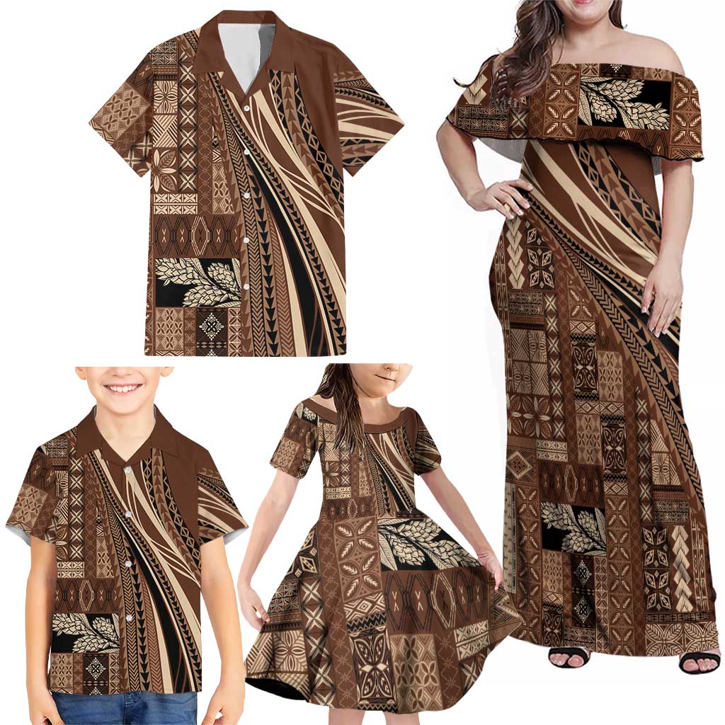 Pasifika Women's Day - Samoa Siapo Malu Tattoo Inspired Family Matching Off Shoulder Maxi Dress and Hawaiian Shirt Brown