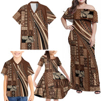 Pasifika Women's Day - Samoa Siapo Malu Tattoo Inspired Family Matching Off Shoulder Maxi Dress and Hawaiian Shirt Brown