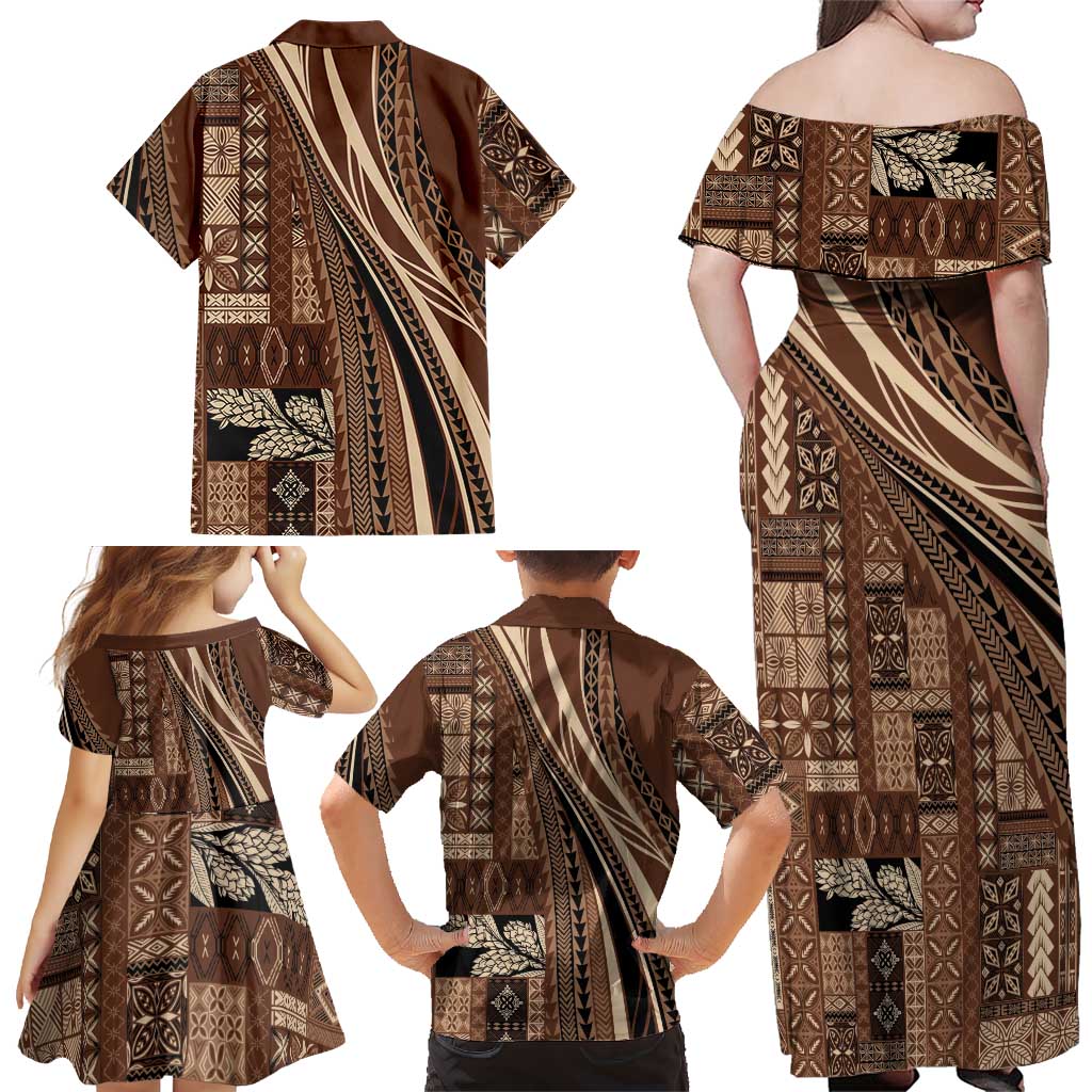 Pasifika Women's Day - Samoa Siapo Malu Tattoo Inspired Family Matching Off Shoulder Maxi Dress and Hawaiian Shirt Brown