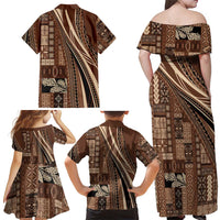 Pasifika Women's Day - Samoa Siapo Malu Tattoo Inspired Family Matching Off Shoulder Maxi Dress and Hawaiian Shirt Brown