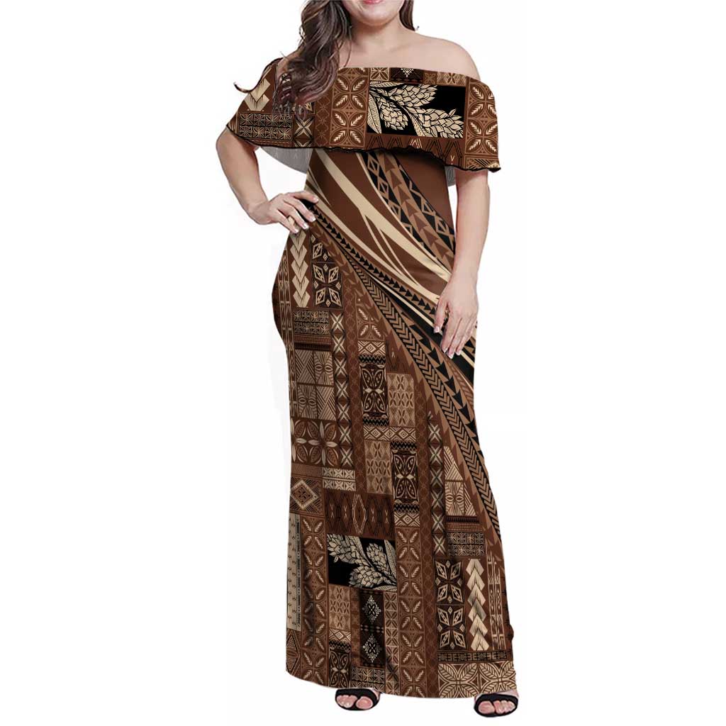Pasifika Women's Day - Samoa Siapo Malu Tattoo Inspired Family Matching Off Shoulder Maxi Dress and Hawaiian Shirt Brown