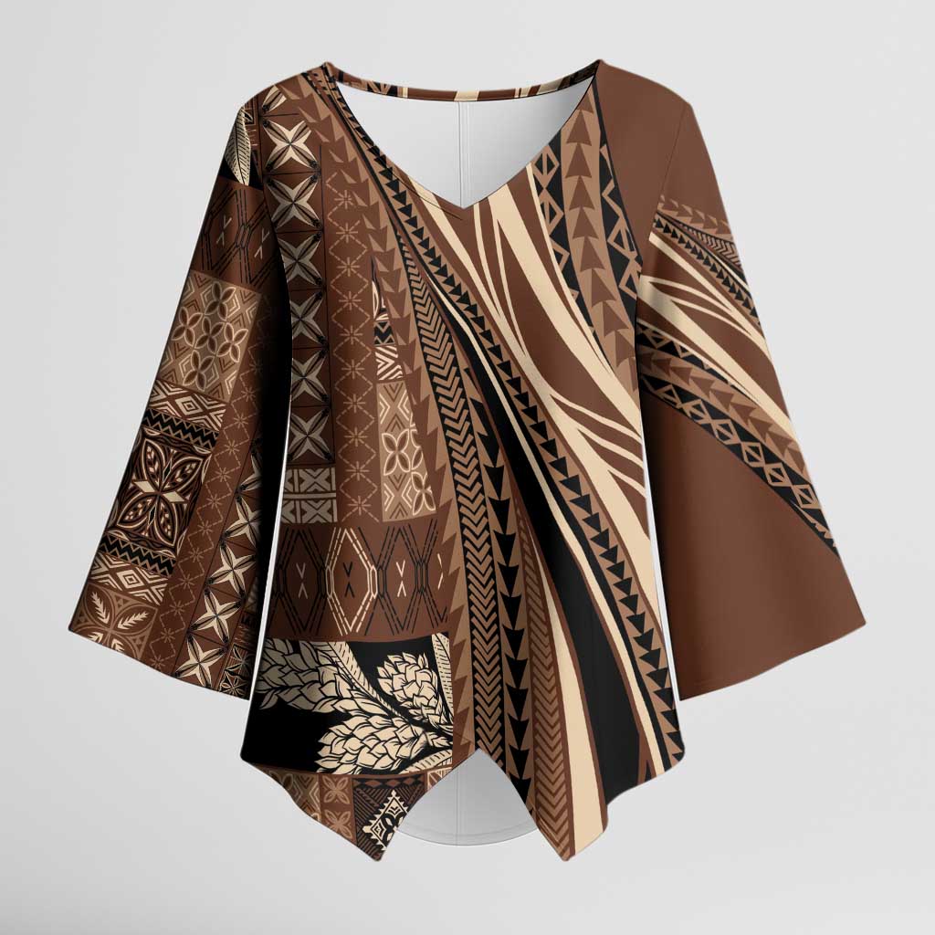 Pasifika Women's Day - Samoa Siapo Malu Tattoo Inspired Kimono Sleeve Blouse Brown
