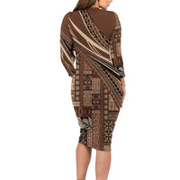 Pasifika Women's Day - Samoa Siapo Malu Tattoo Inspired Long Sleeve Bodycon Dress Brown