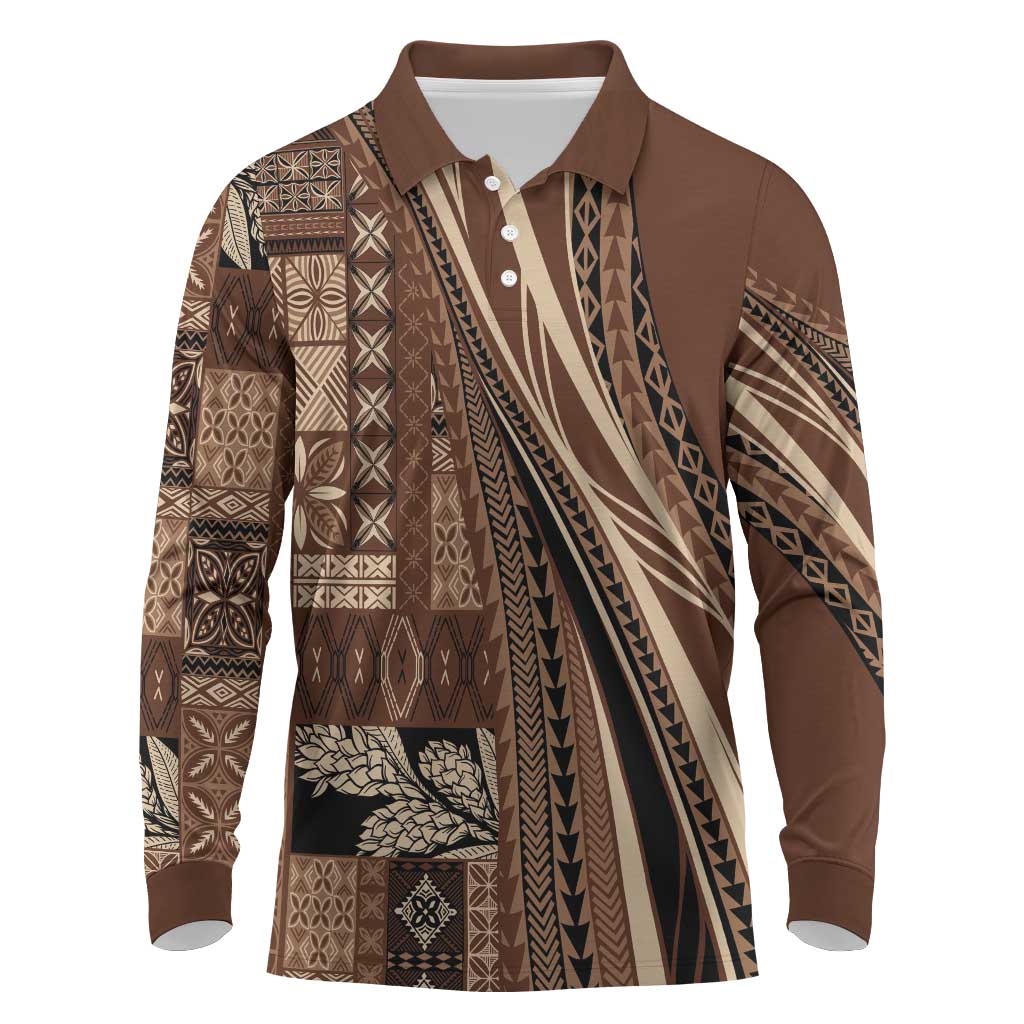 Pasifika Women's Day - Samoa Siapo Malu Tattoo Inspired Long Sleeve Polo Shirt Brown LT7 Brown - Polynesian Pride