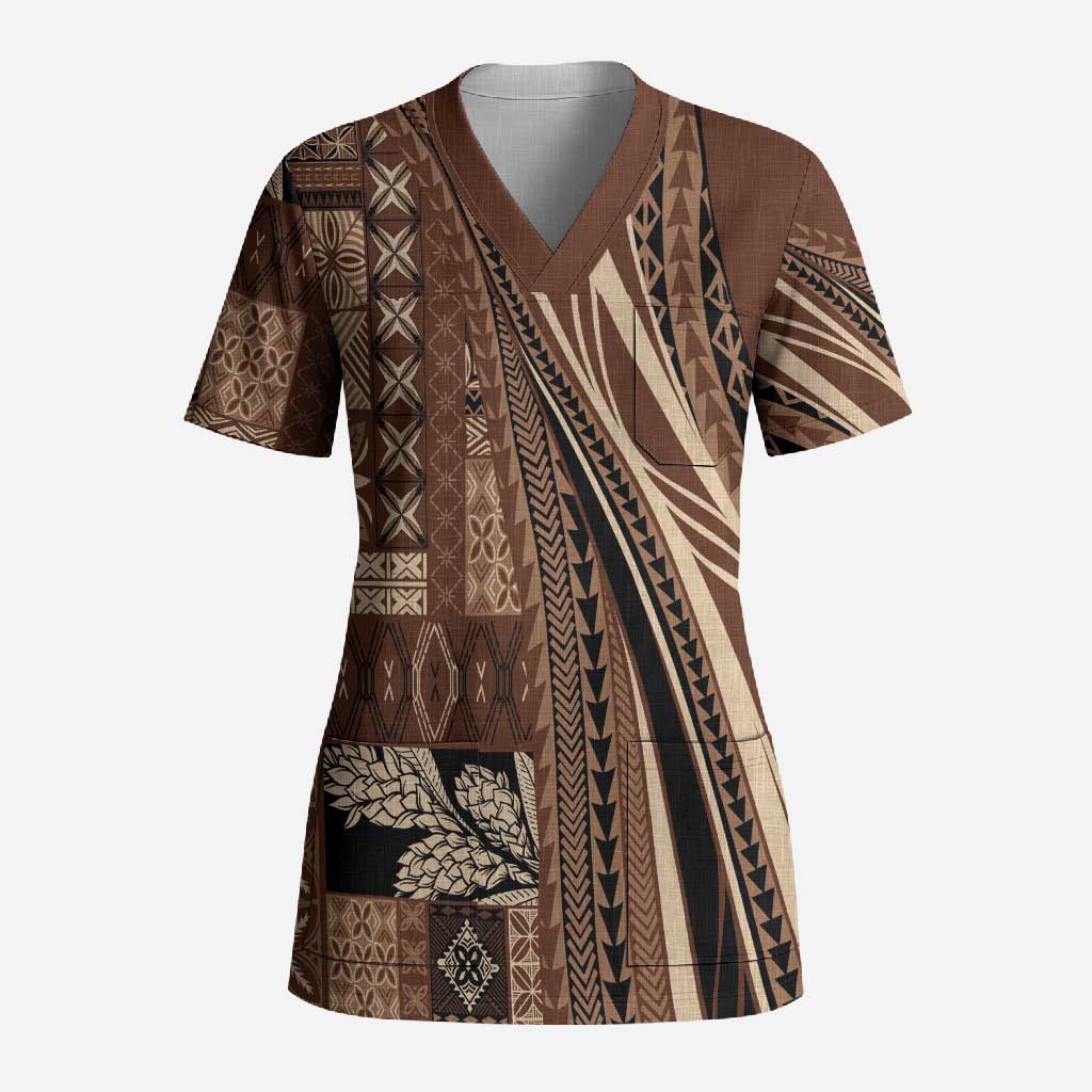 Pasifika Women's Day - Samoa Siapo Malu Tattoo Inspired Scrub Top Brown