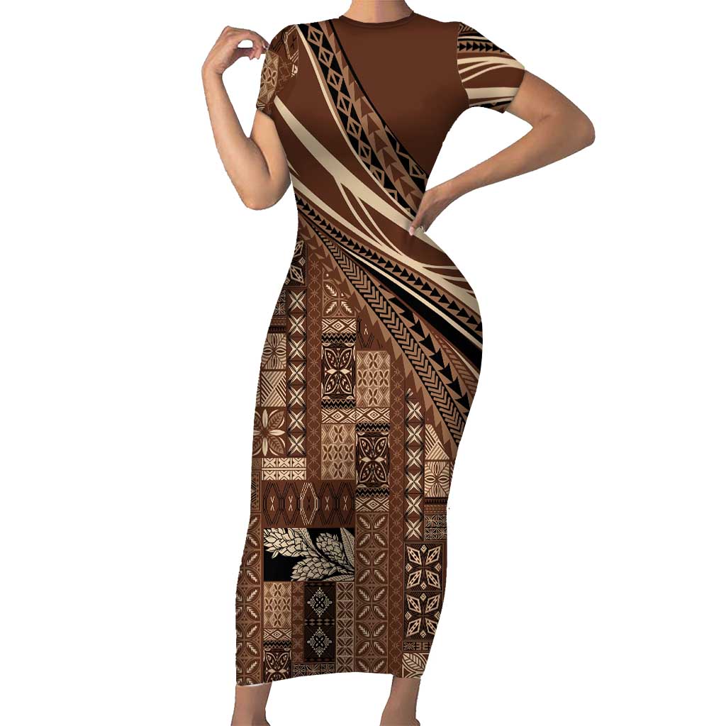 Pasifika Women's Day - Samoa Siapo Malu Tattoo Inspired Short Sleeve Bodycon Dress Brown