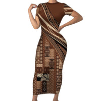 Pasifika Women's Day - Samoa Siapo Malu Tattoo Inspired Short Sleeve Bodycon Dress Brown