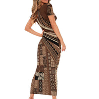 Pasifika Women's Day - Samoa Siapo Malu Tattoo Inspired Short Sleeve Bodycon Dress Brown