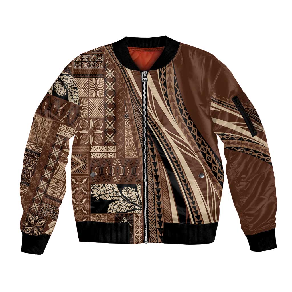 Pasifika Women's Day - Samoa Siapo Malu Tattoo Inspired Sleeve Zip Bomber Jacket Brown