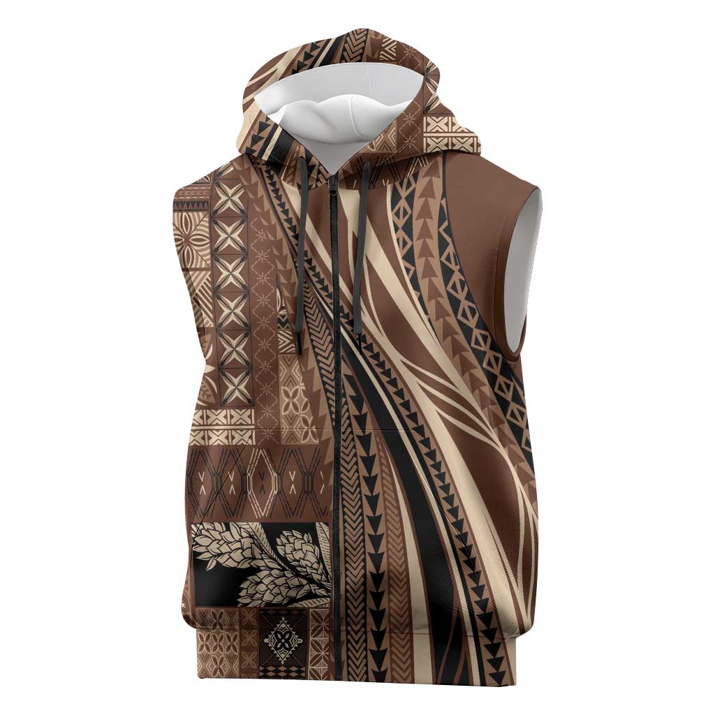 Pasifika Women's Day - Samoa Siapo Malu Tattoo Inspired Sleeveless Zip Hoodie Brown LT7 Brown - Polynesian Pride