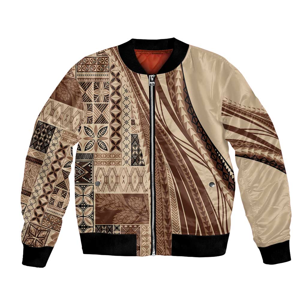 Pasifika Women's Day - Samoa Siapo Malu Tattoo Inspired Bomber Jacket Beige LT7 Unisex Beige - Polynesian Pride